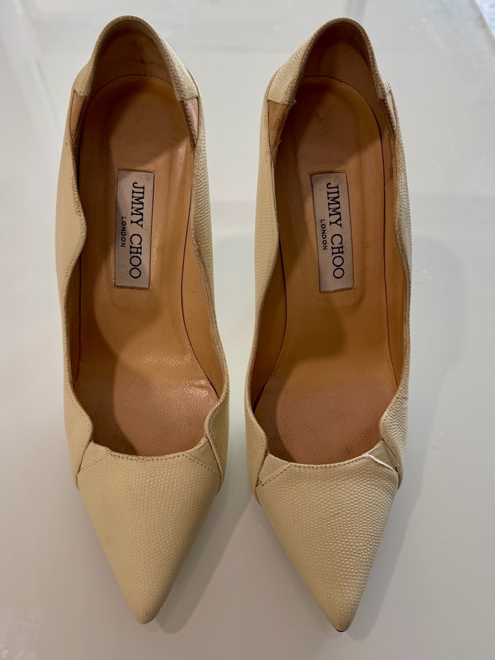 Jimmy Choo Cream Pointed-Toe Leather Pumps